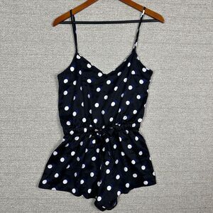 Victoria's Secret Black Sz S/P‎ Blue White Polka Dot Romper Straps Satin
